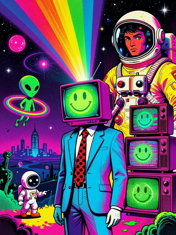 Surreal psychedelic pop art scene of a TV-headed suited figure, astronauts, and alien under rainb...