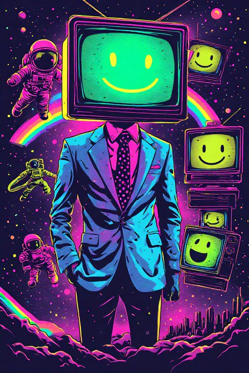 Surreal illustration of a suited figure with a smiley face vintage TV head in neon cosmic space w...