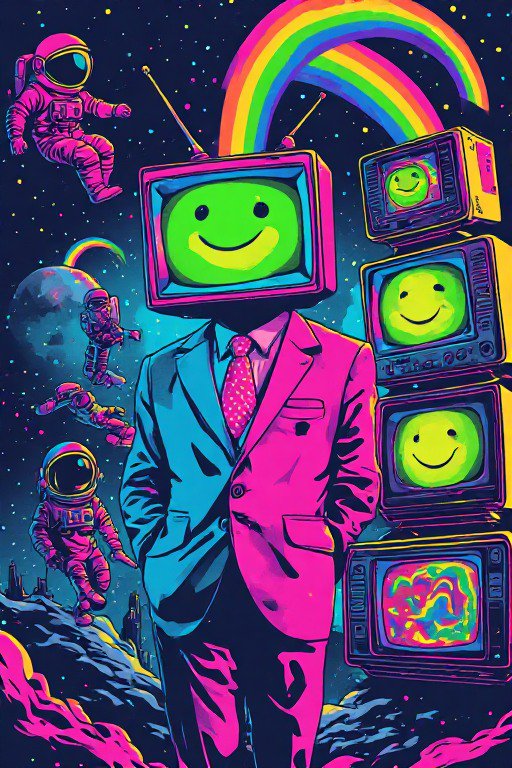 Surreal pop art figure with a smiley TV head, floating astronauts, and rainbows in starry outer s...