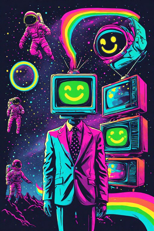 Surreal neon pop art of a CRT TV-headed suited figure, floating astronauts, and rainbows in starr...