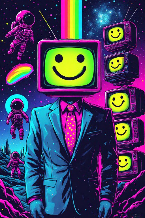 Surreal suited figure with a retro TV smiley head stands in a neon cosmic landscape with floating...