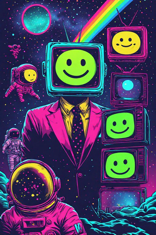 Surreal psychedelic illustration of a TV-headed suited figure and astronauts in neon space