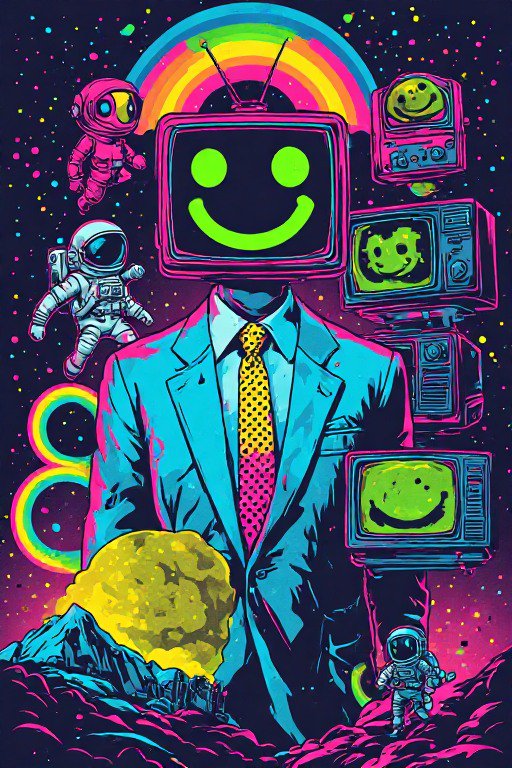 Surreal neon illustration of a suited figure with smiley TV head standing in cosmic space with fl...