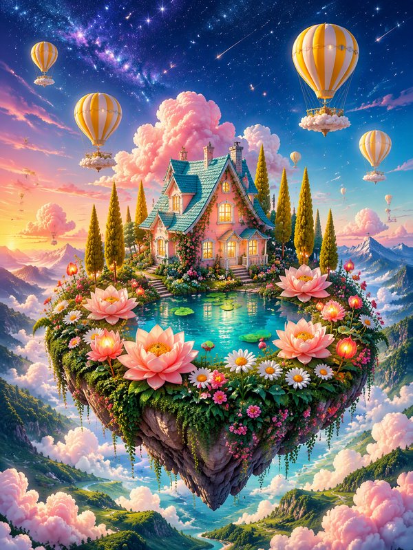 Heart-shaped floating fantasy island with pink cottage, lotus pond, hot air balloons and starry p...