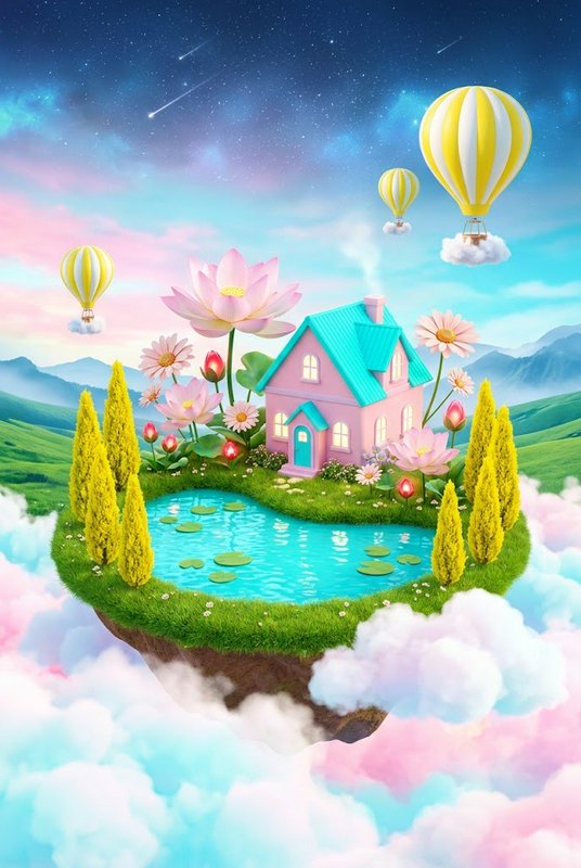 Whimsical floating grass island with pink cottage, lily pond, lotuses, and hot air balloons above...