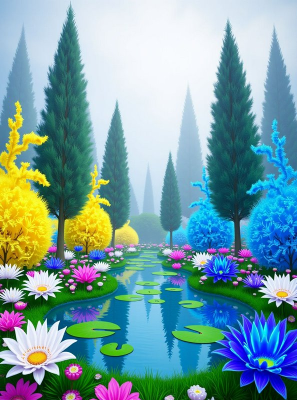 Misty enchanted fantasy garden with a winding stream, vibrant exotic trees and bright water lily ...