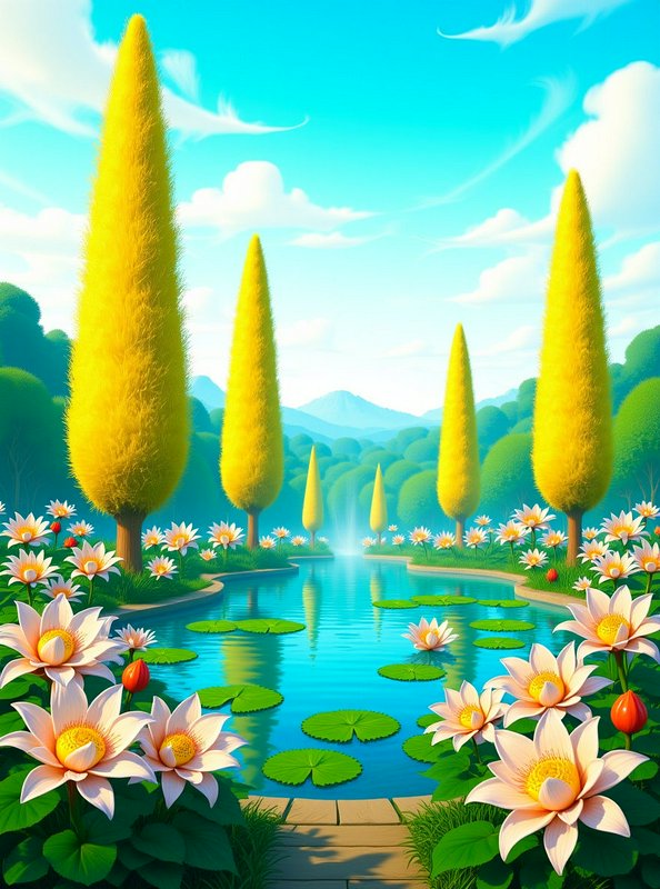 Whimsical fantasy garden scene with a lily pond, tall yellow topiary trees, and blooming lotus fl...