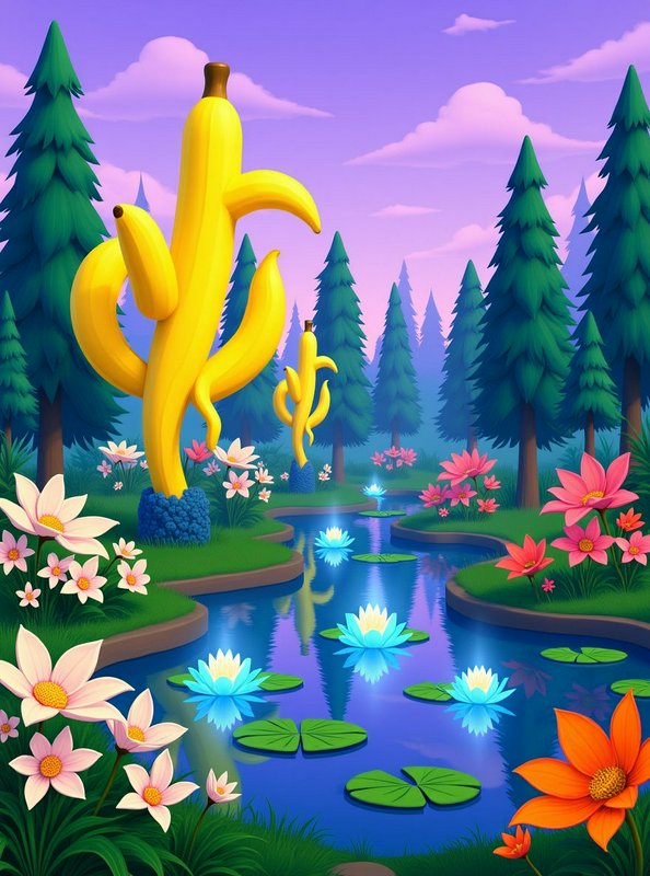 Surreal fantasy landscape with banana cactus plants growing beside a lotus-lined stream in a pine...