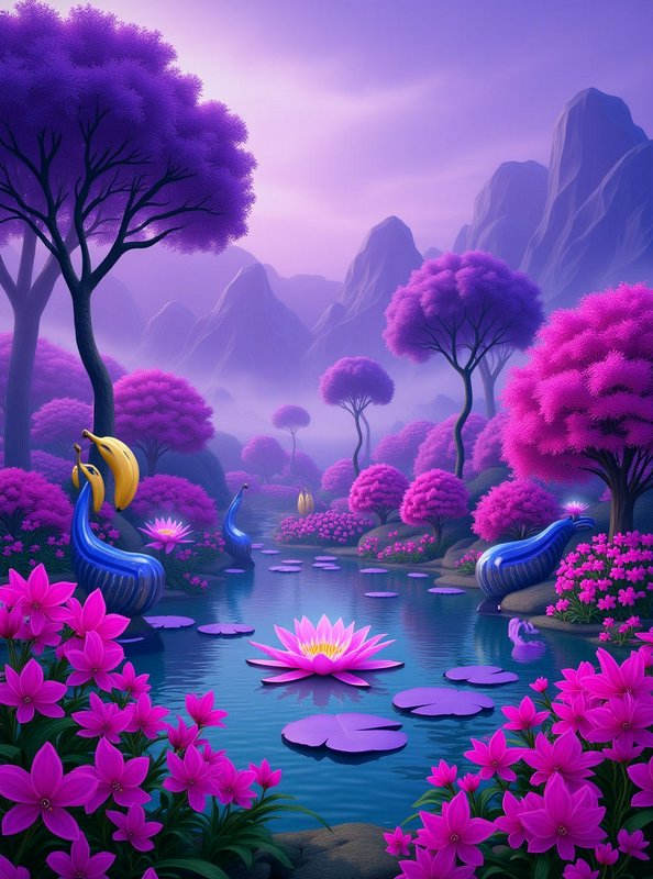 Whimsical surreal fantasy landscape with fluffy purple pink trees, lotus flowers, and strange blu...