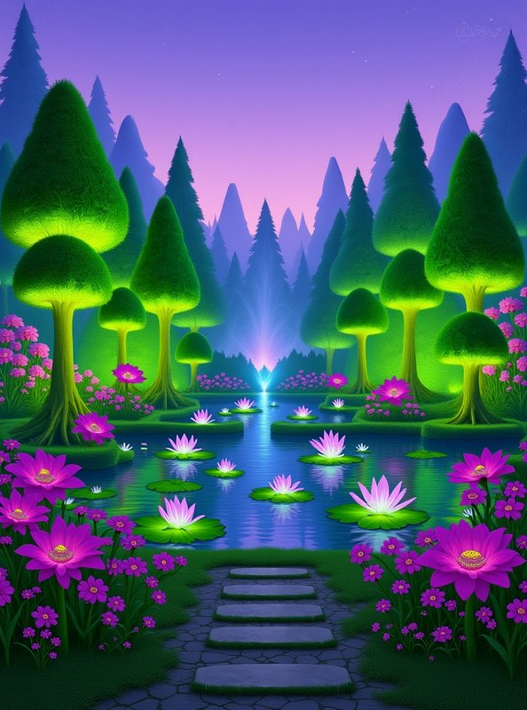 Glowing enchanted pond with stylized topiary trees, pink water lilies, and a stone path under a p...