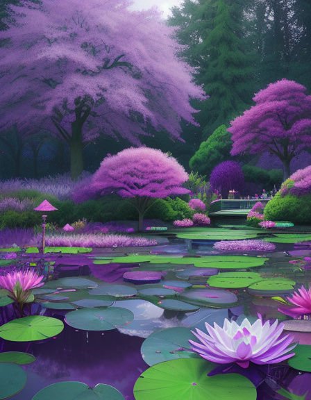 Enchanted fantasy garden pond with blooming purple water lilies and fluffy pastel flowering trees