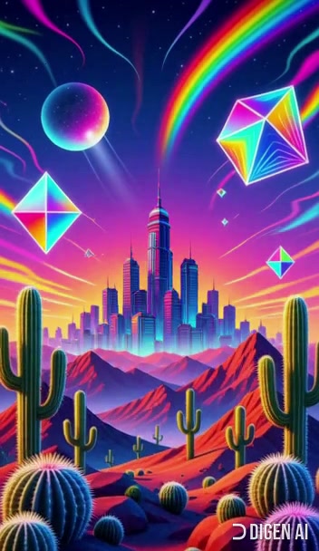 Vibrant surreal desert futuristic cityscape with floating neon geometric shapes and rainbow strea...