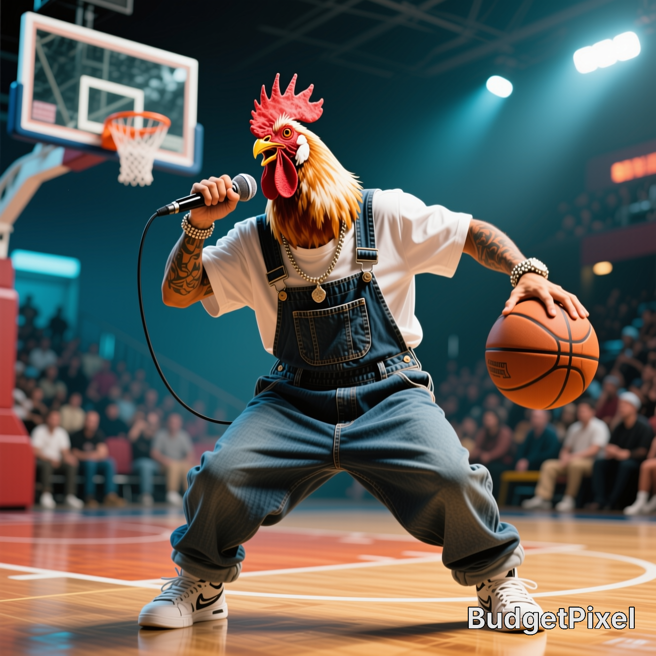 Person wearing a rooster mask performs on a basketball court with a microphone and basketball.