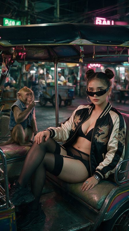 Stylish woman in an embroidered dragon jacket sits in a tuk-tuk next to a smoking macaque monkey on a neon-lit night marke...