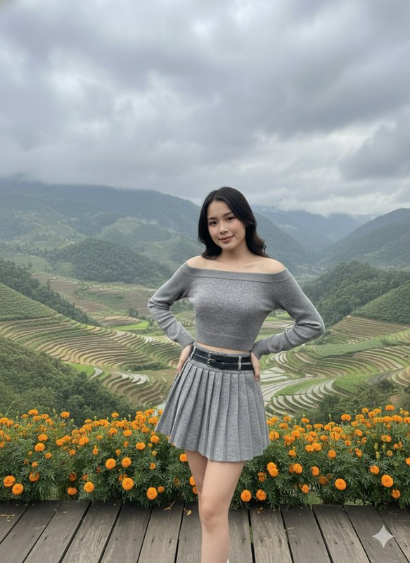 Young woman in a grey knit co-ord poses on a wooden deck overlooking terraced mountain rice fields and orange marigolds.