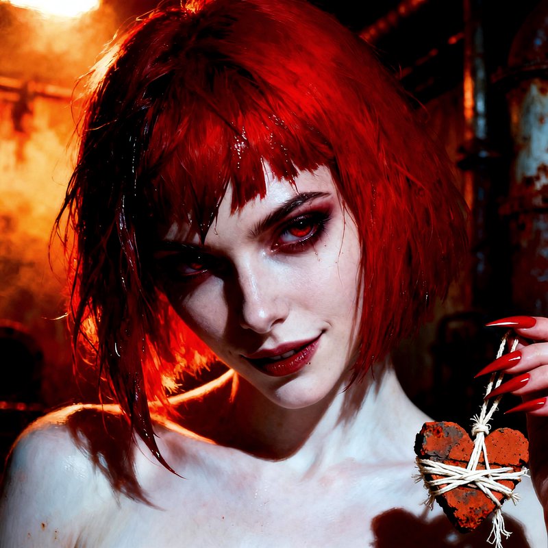Smoldering woman with bright red hair and dark makeup holding a heart ornament wrapped in twine.