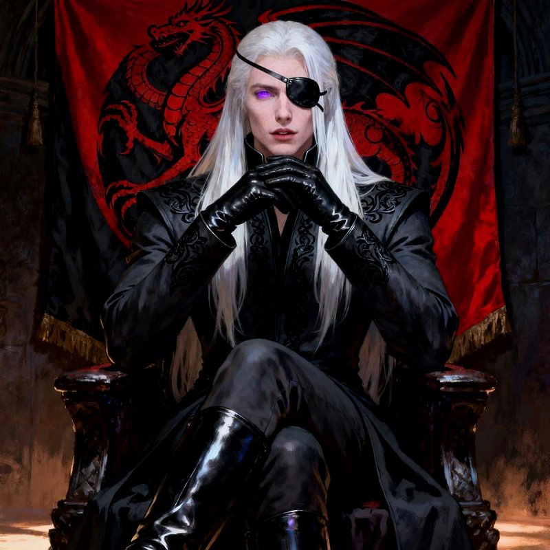 Fantasy character with long white hair, black leather outfit, eyepatch, sitting throne with red d...