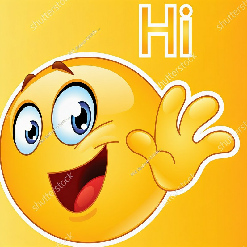 Cheerful glossy yellow cartoon emoji waving hello, with stylized "Hi" text, on a warm golden yell...