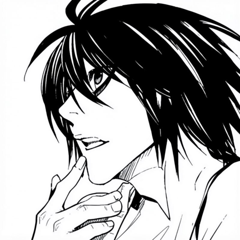 [Monochrome manga panel of a thoughtful young male anime character with messy dark hair, hand resting near his chin]