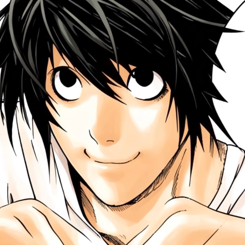 [Close-up colored manga portrait of L Lawliet from Death Note, with messy dark hair, wide eyes, and a faint curious smirk]