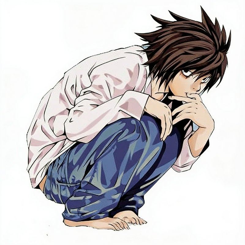 [Manga illustration of L Lawliet from Death Note in his signature crouched thinking pose against a plain white background]