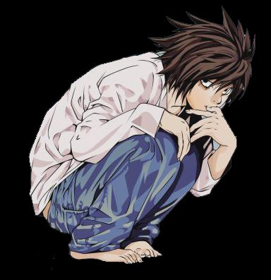 Illustration of L Lawliet from Death Note in his signature thoughtful crouched pose against a sol...