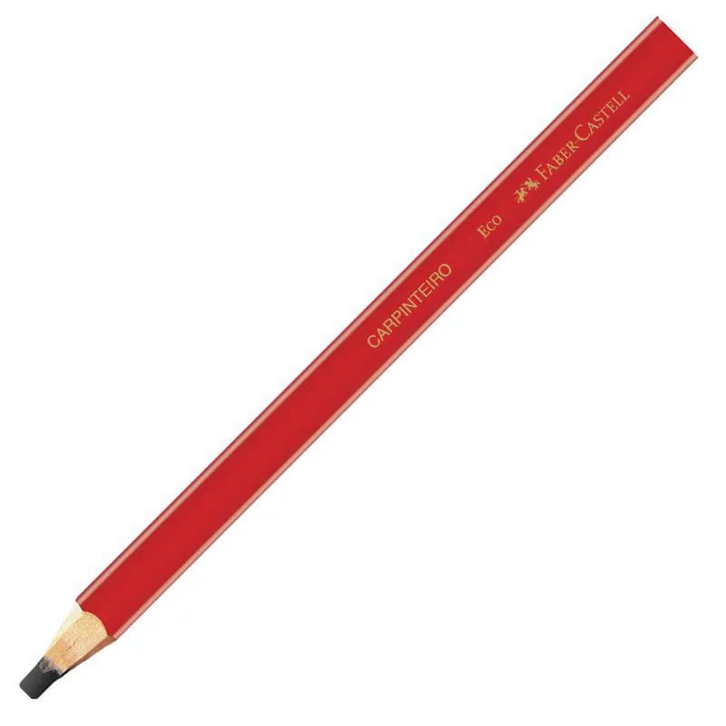 Sharpened red Faber Castell flat-tip carpenter pencil, isolated on a plain white studio background