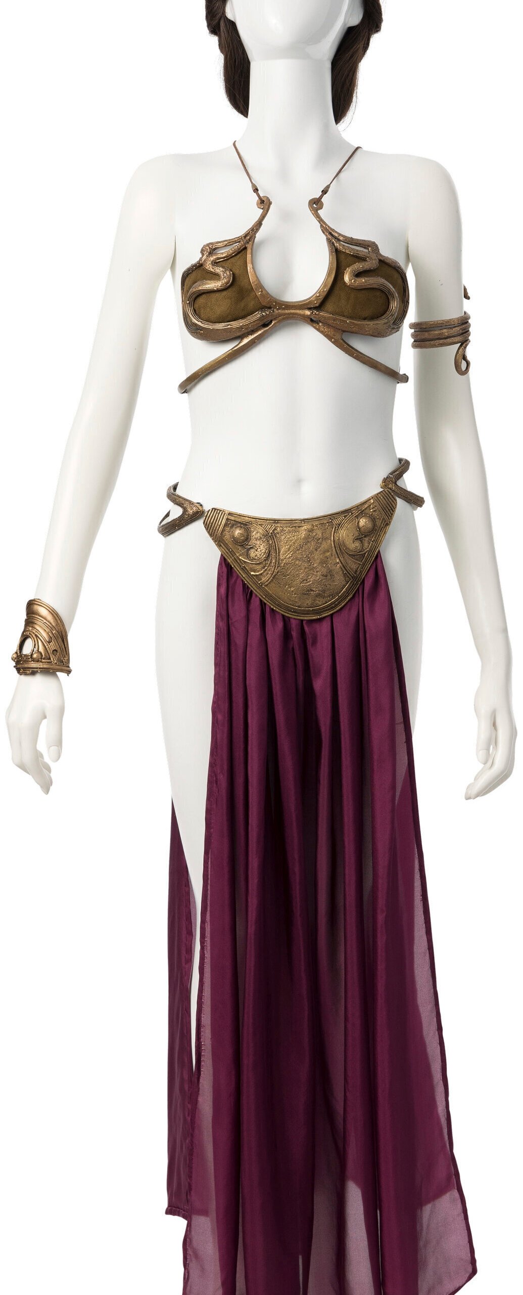 Fantasy warrior armor set with bronze chest plate, belt, armbands, and sheer purple skirt on a mannequin.