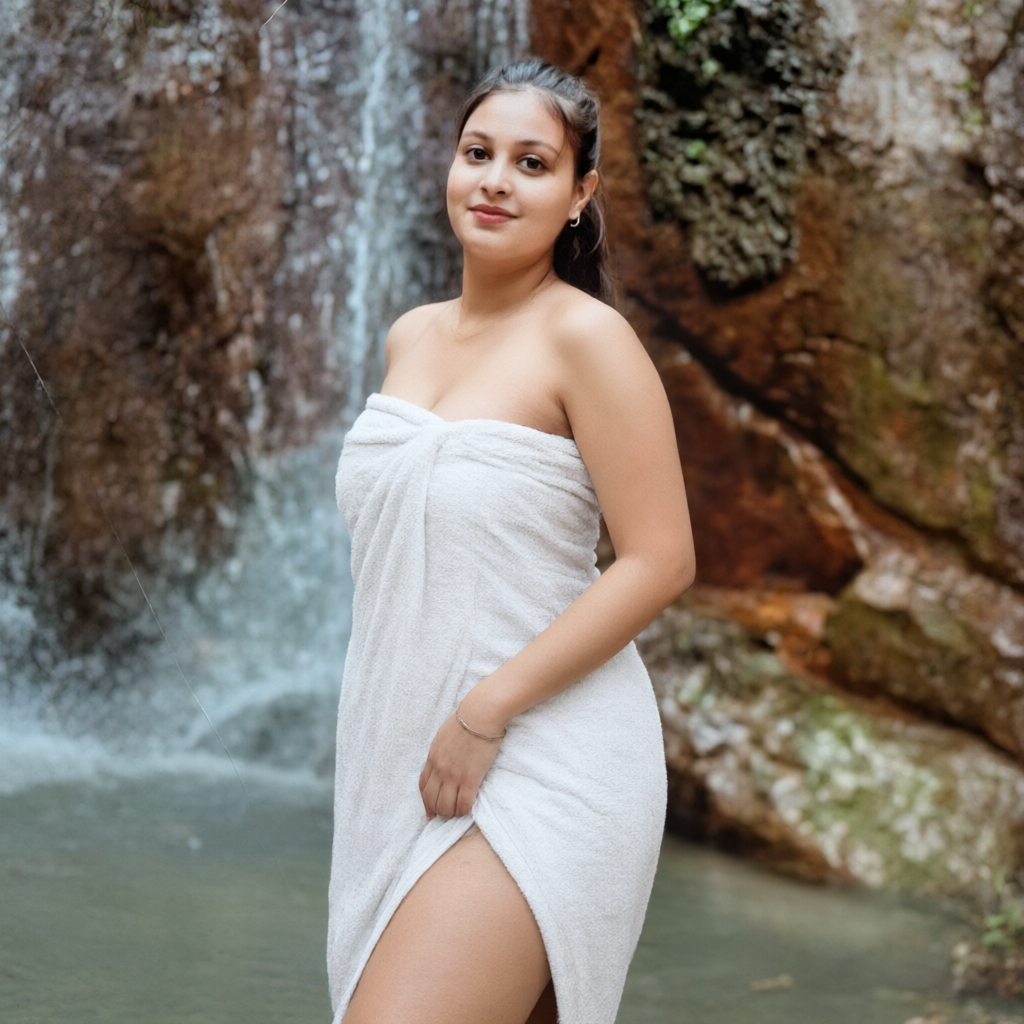 Young woman wrapped in a white towel smiles softly while standing in shallow water before a rocky cascading waterfall.
