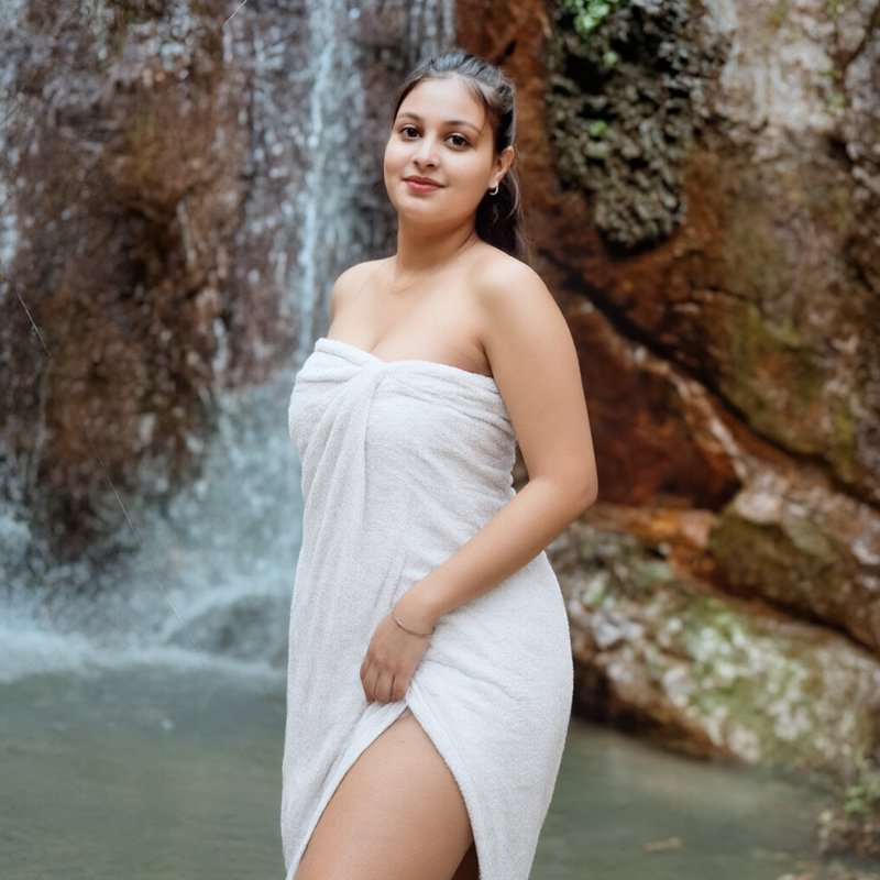 Young woman wrapped in a white towel smiles softly while standing in shallow water before a rocky...