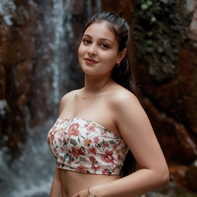 Young woman in floral strapless top posing calmly in front of a rocky cascading waterfall, soft natural outdoor portrait.