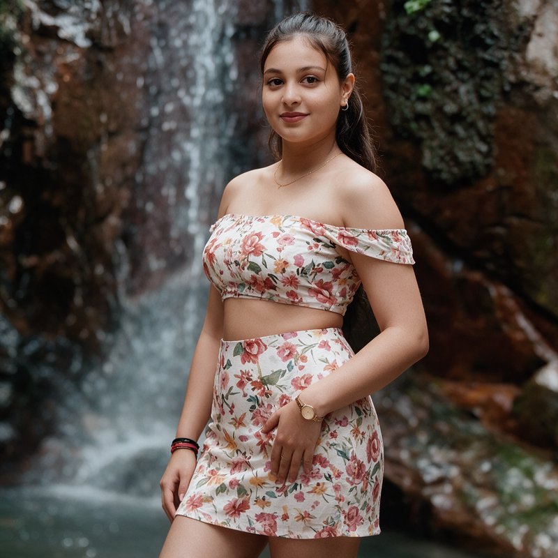 Young woman in a matching floral two-piece summer set stands smiling, posed in front of a rocky cascading waterfall.