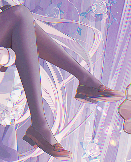 Close-up illustration of anime character legs in black tights and loafers against a soft lavender floral background
