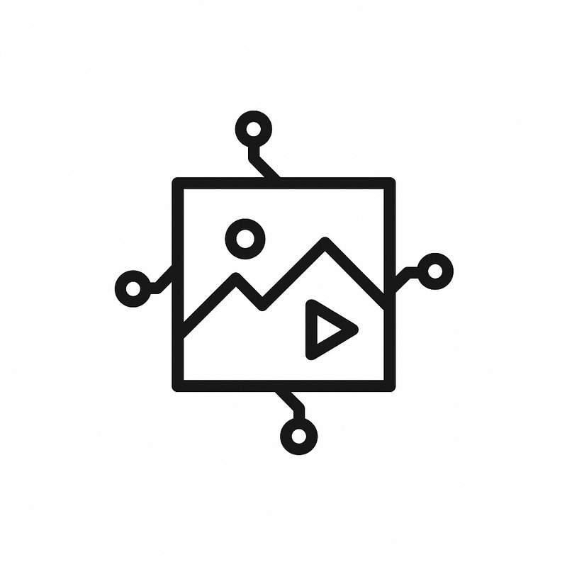 [Minimal black line icon of AI generated media, square frame with circuit pins, landscape graphic and play button]
