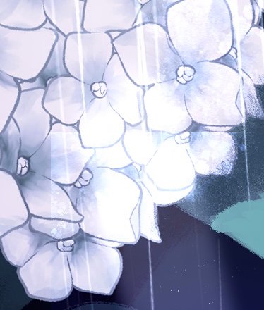 Glowing pale hydrangea cluster with falling rain and soft light flares in a hand drawn illustration