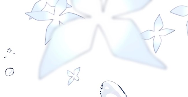 Pale frosty star fragments and floating water droplets drift across a plain white background