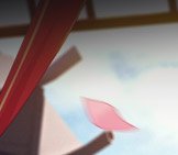 Floating pink sakura petal framed by wooden roof beams in a soft blurred anime scene