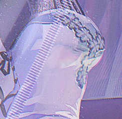 Glitched pastel vaporwave illustration of a classical braided marble bust against a purple backgr...