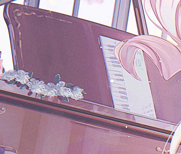 Pink-haired anime character rests beside a vintage mauve piano decorated with white floral garland