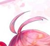 Close-up of curved pink ahoge strands protruding from bright pink anime character hair against a pale soft background
