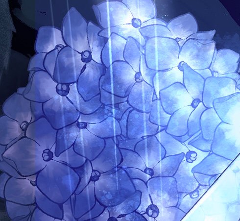Glowing dense blue hydrangea flower cluster with soft light beams falling across its delicate petals