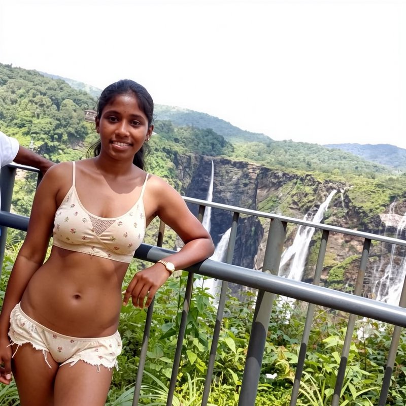 Smiling young South Indian woman leans on a viewing railing overlooking a tall cascading jungle waterfall