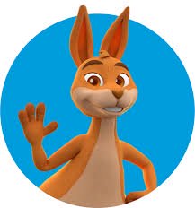 Friendly 3D cartoon kangaroo character waving, framed against a solid bright blue circular backgr...
