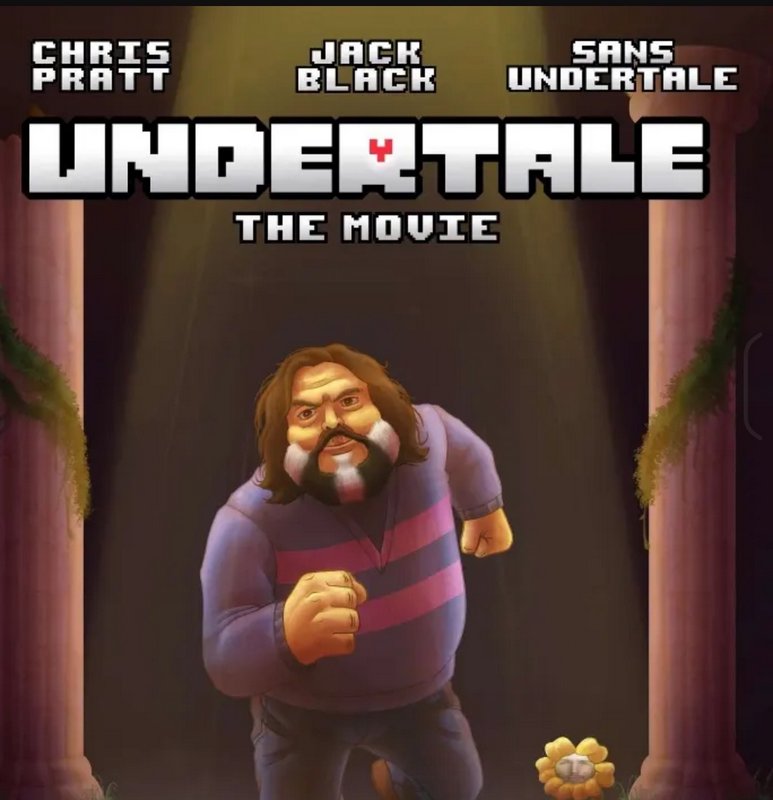 Satirical fanmade Undertale The Movie meme poster, showing a bearded Frisk-style character runnin...