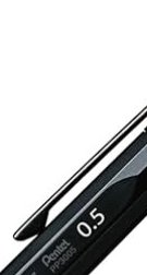 Close-up partial shot of a black Pentel 0.5mm mechanical pencil with metal clip, isolated on a pl...