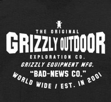 Bold white retro Grizzly Outdoor Exploration Co brand logo printed on black garment fabric