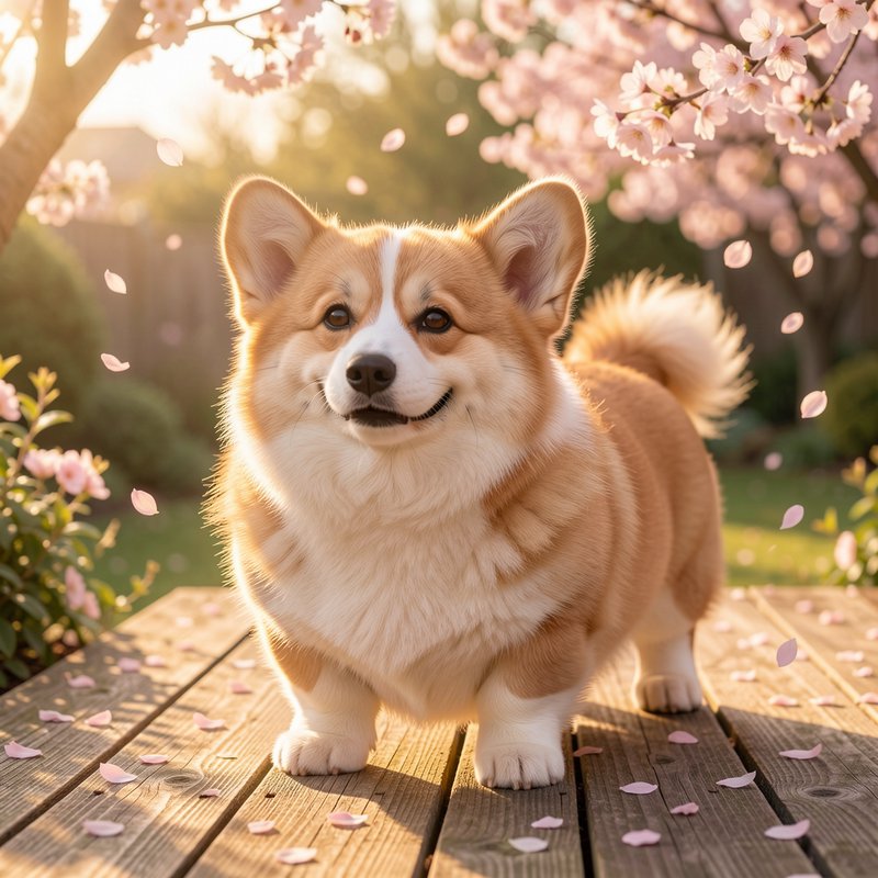 Fluffy smiling Pembroke Welsh Corgi standing on a wooden deck beneath blooming cherry blossom bra...