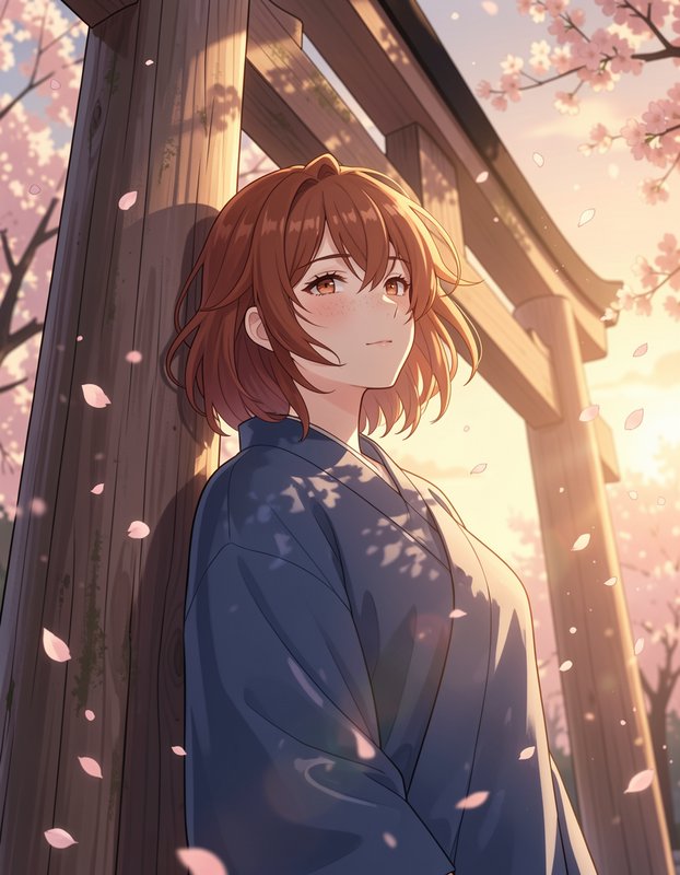Anime girl in blue kimono leans against a wooden torii gate as cherry blossom petals fall at sunset