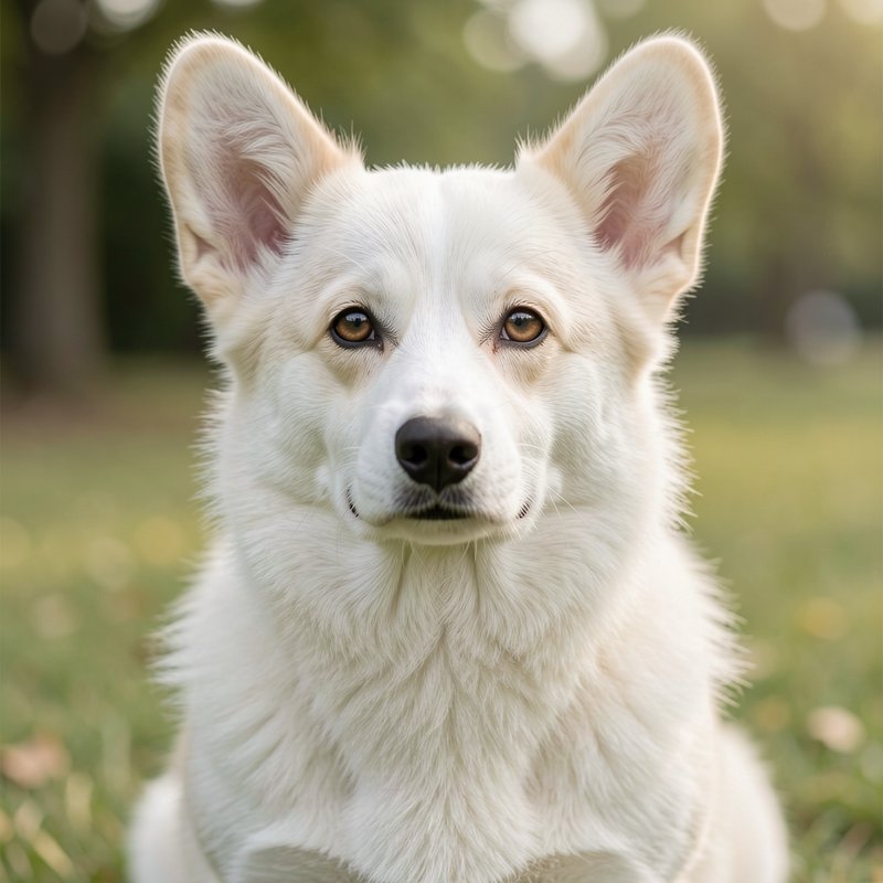 Close-up portrait of a fluffy white Corgi mix dog sitting in a sunlit grassy park