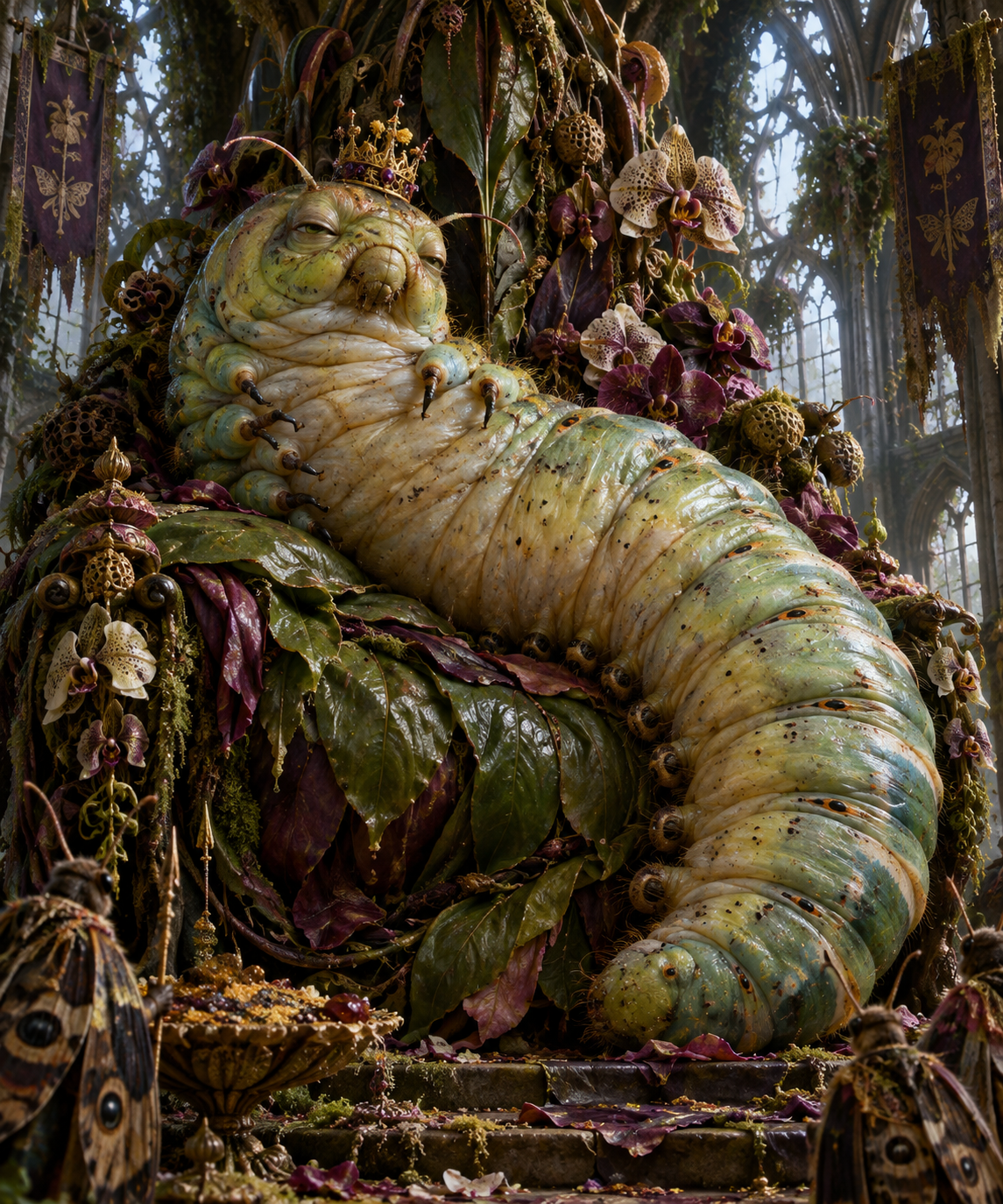 Oversized crowned caterpillar king reclines on an overgrown leafy throne inside a ruined gothic cathedral